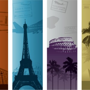 Europe travel banner with Big Ben, Eiffel Tower and the Colosseum