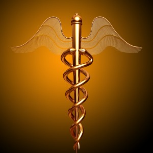 Golden Caduceus symbol on a sienna background