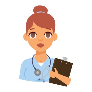 Female doctor holding a clipboard and stethoscope on her person