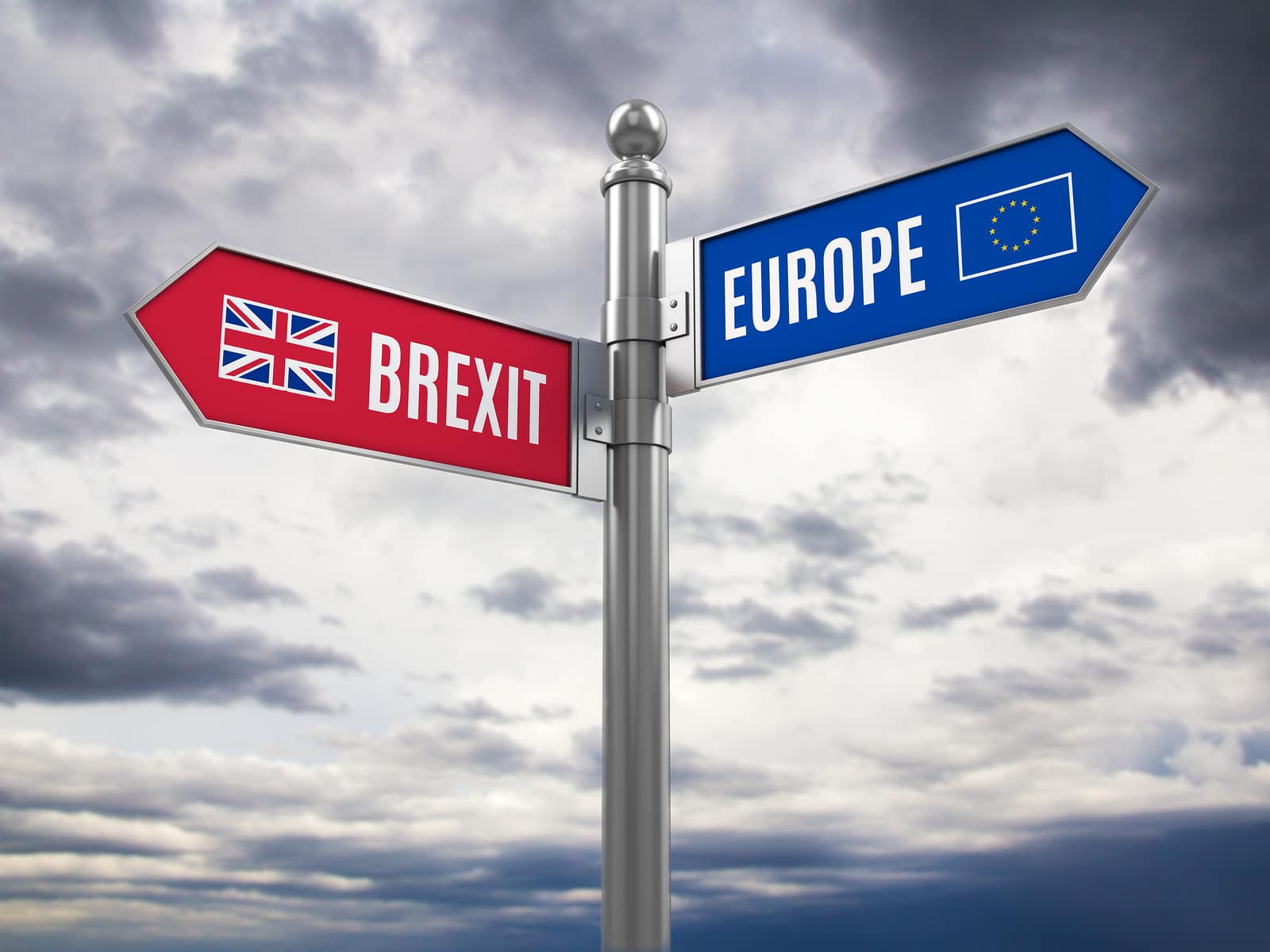 Euro and Brexit road signs with flags
