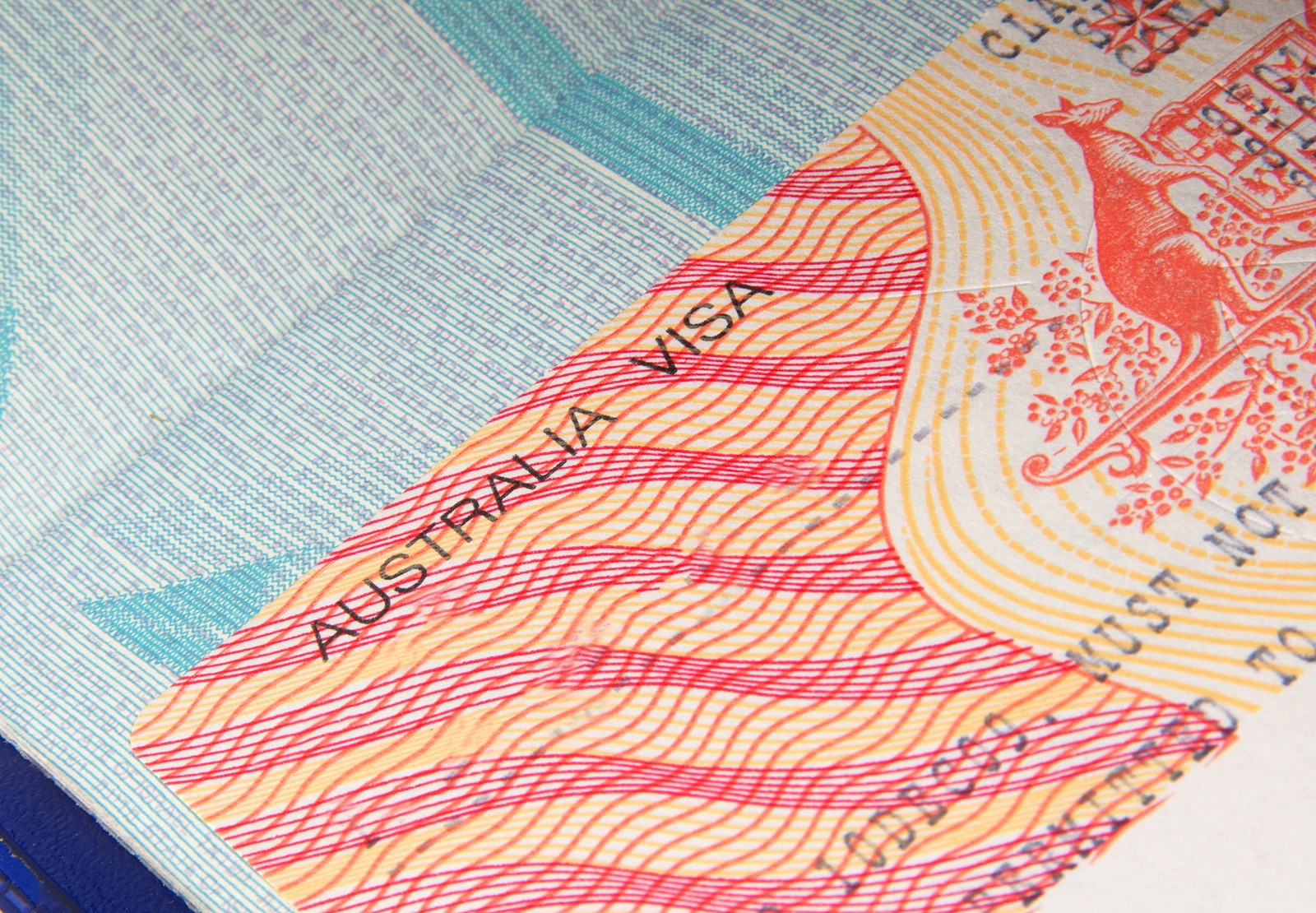 closeup of the australian visa in passport